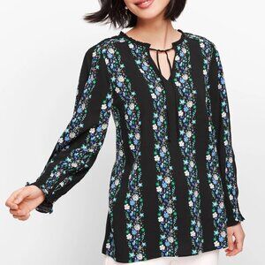 Talbots Women's Size M Dark Floral Striped Smocked Black Blouse